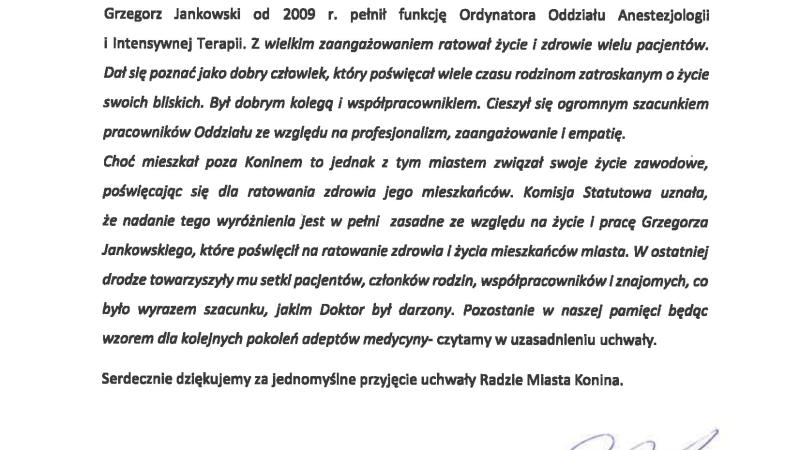 Informacja o uznaniu śp. grzegorza jankowskiego zasłużonym dla miasta konina tekst